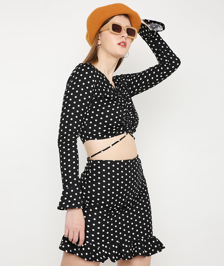 White Polka Dots Crop Top + Asymmetrical Mini Frill Skirt Set