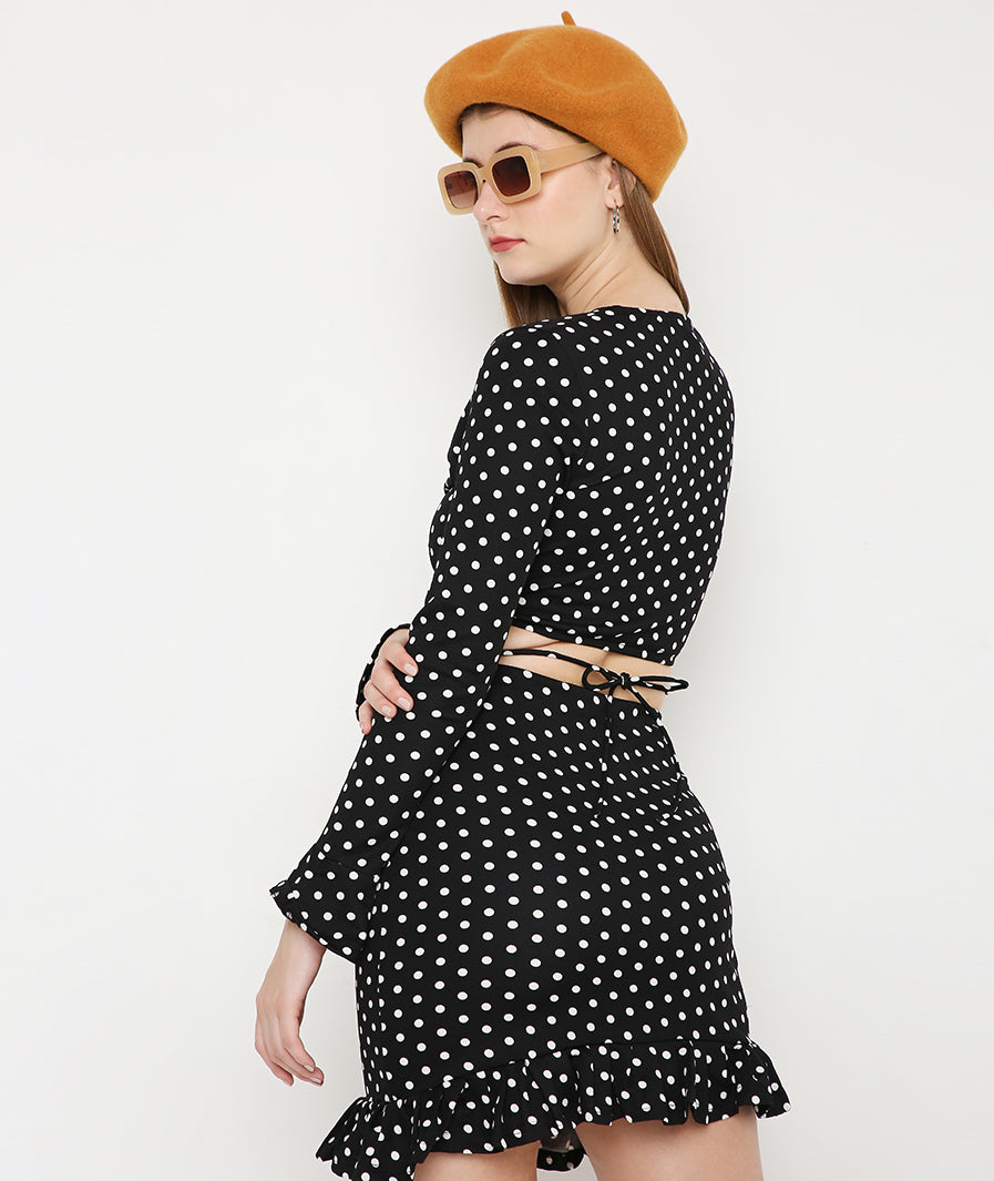 White Polka Dots Crop Top + Asymmetrical Mini Frill Skirt Set