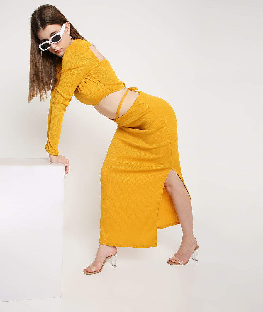 Yellow Skirt with a Slit and TieUp String