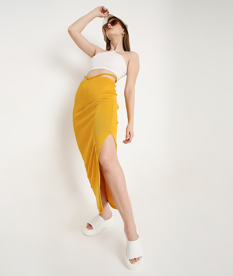 Yellow Skirt with a Slit and TieUp String