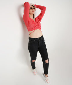 Punch Drawstring Crop Top with Back Detail