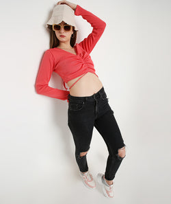 Punch Drawstring Crop Top with Back Detail