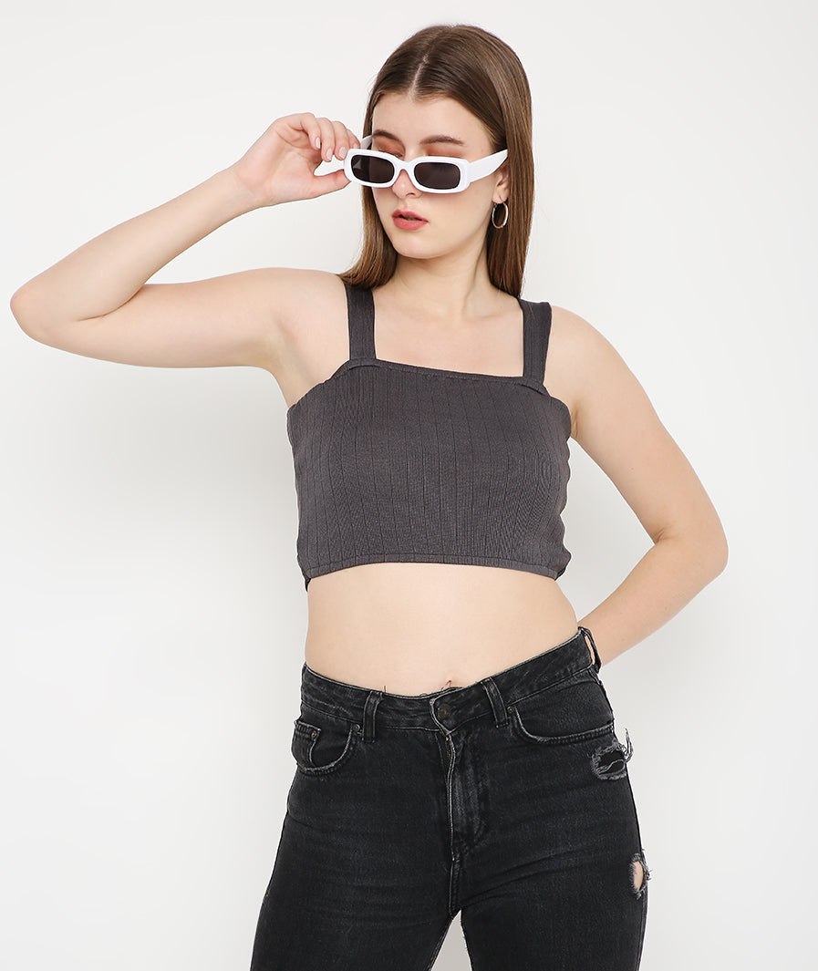 Grey Crop Top with Back Tie-Up Detail