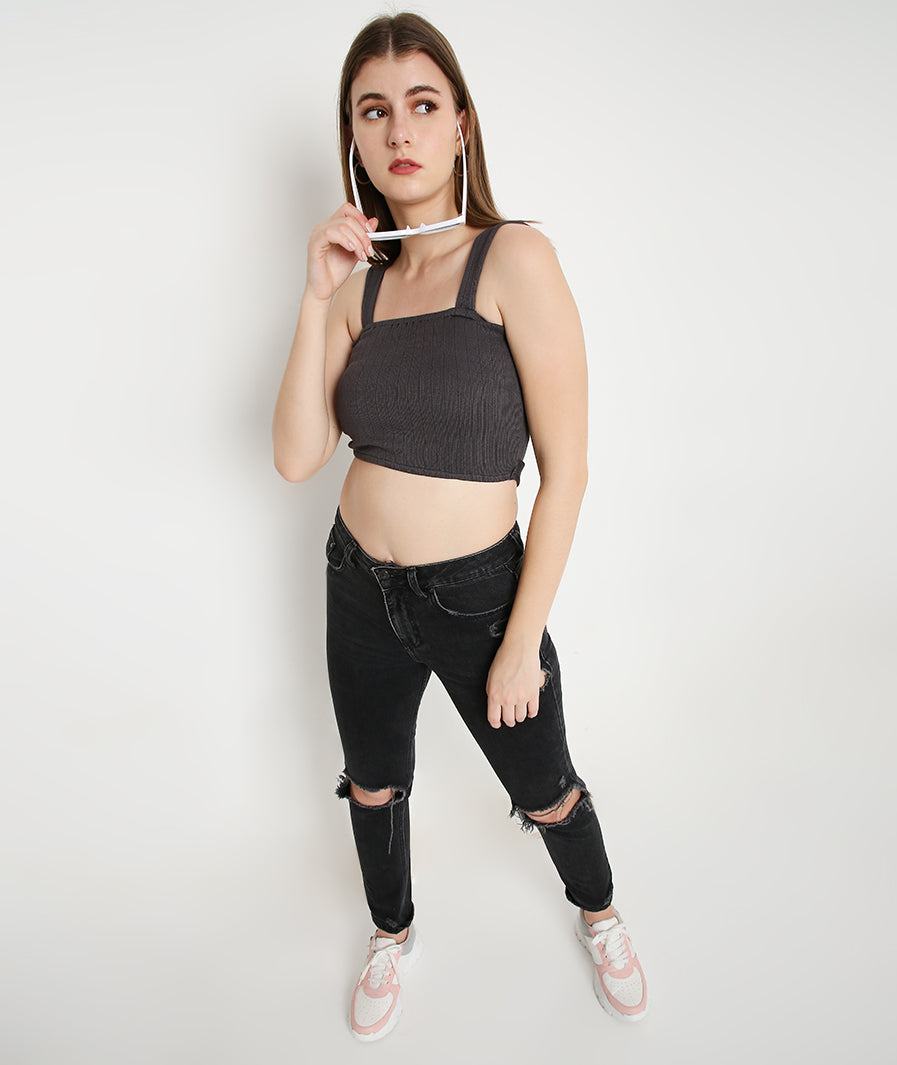 Grey Crop Top with Back Tie-Up Detail