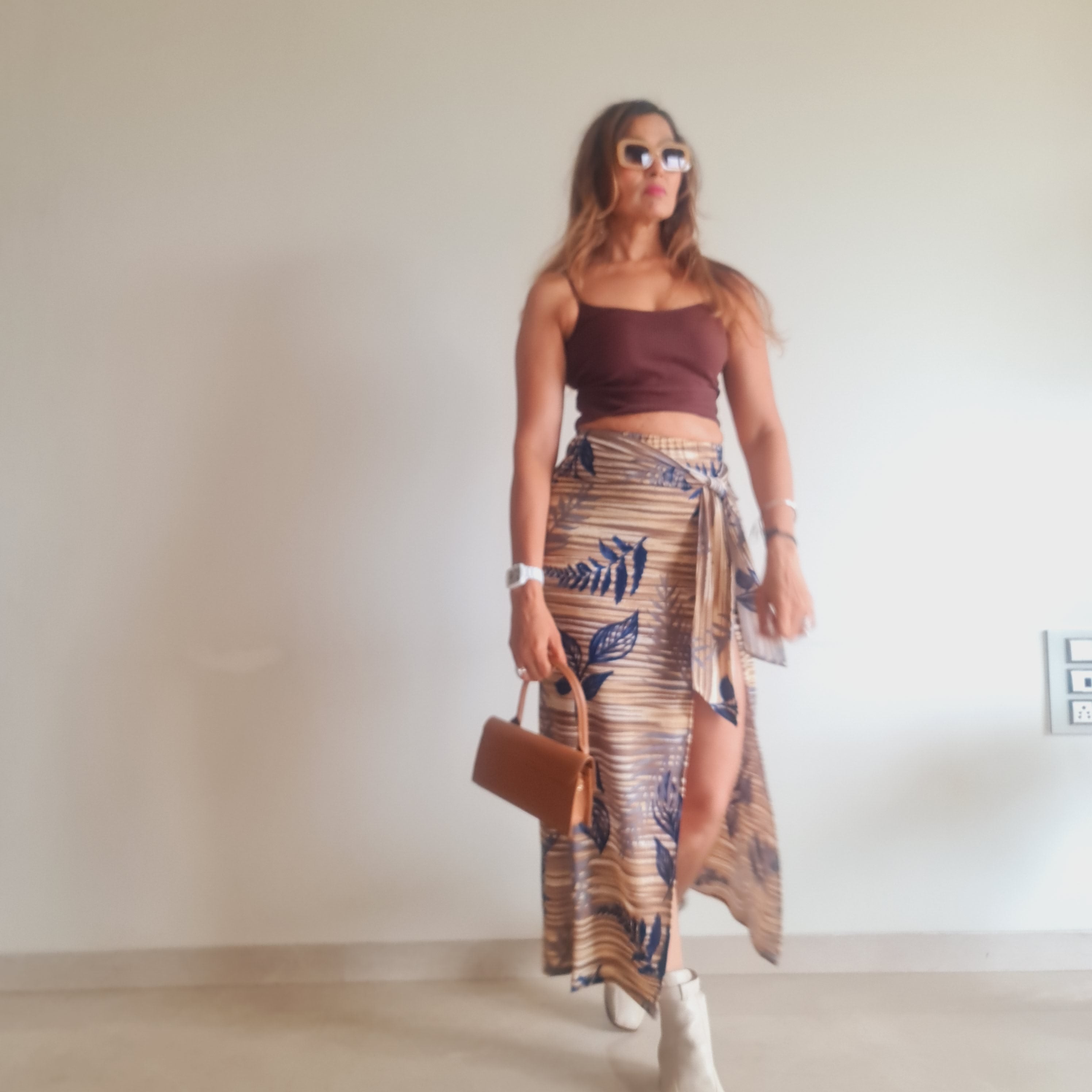 Brown Bamboo Print Front Knot Skirt