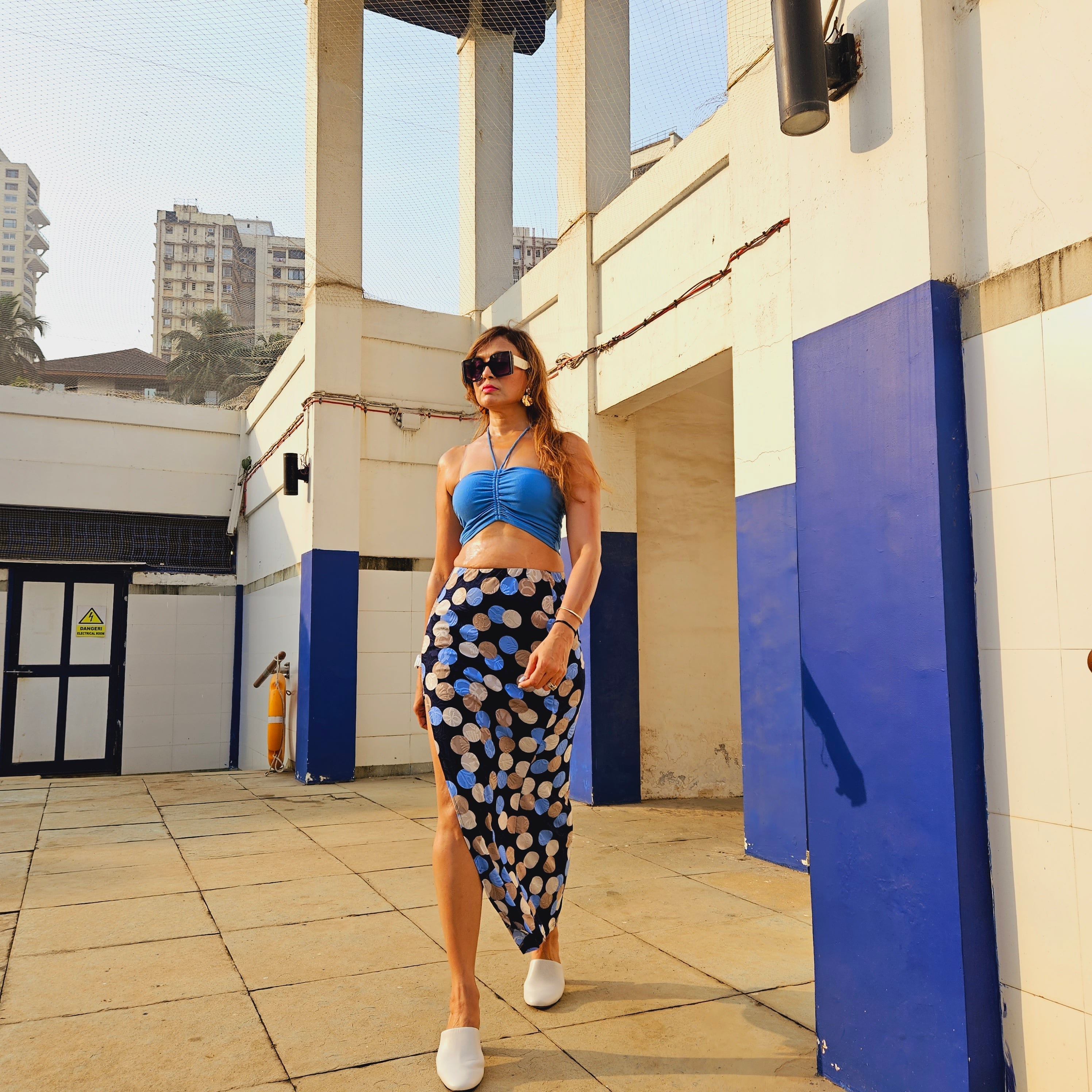 Navy Blue Polka High Slit Skirt