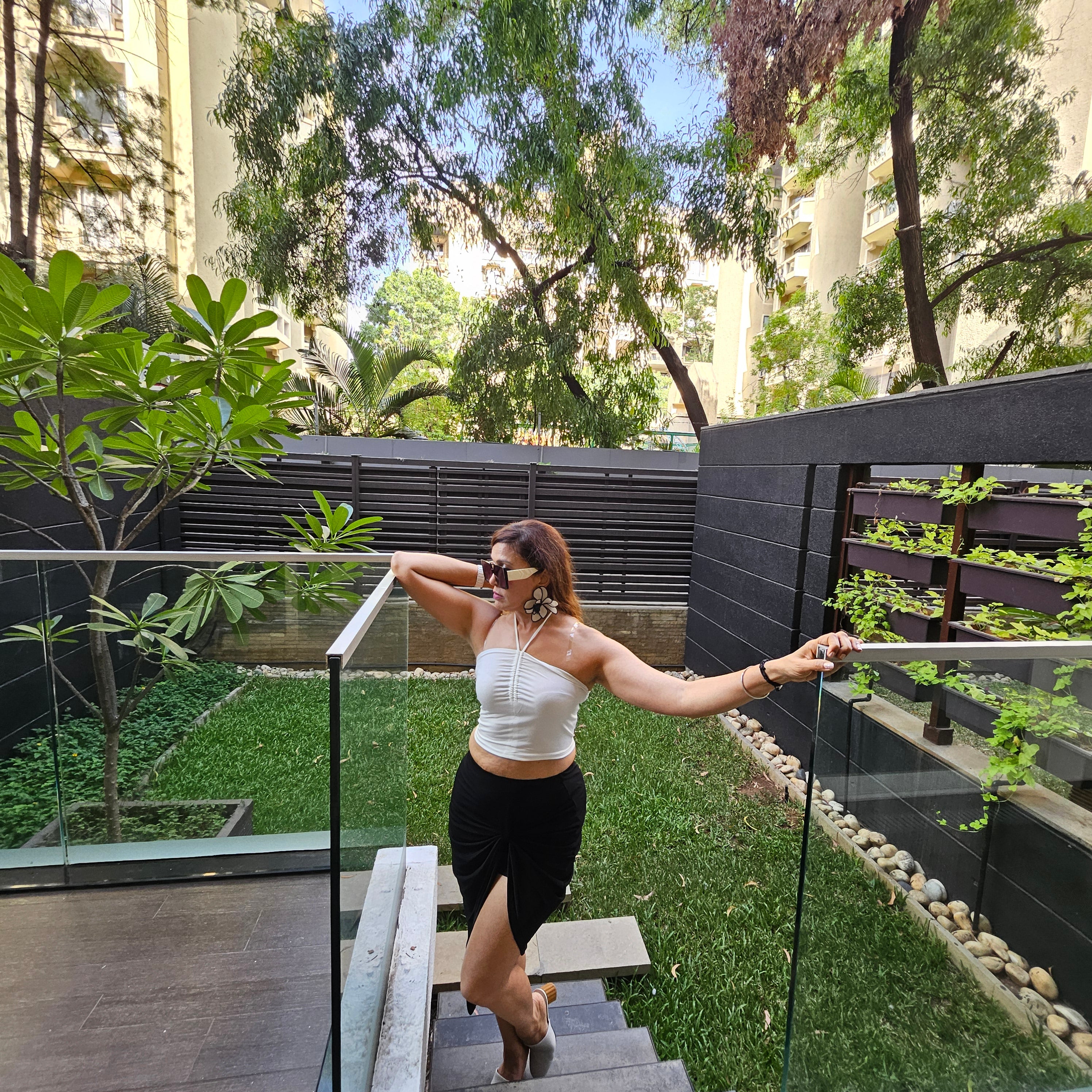 Egg White Crop Top + Black Front Knot Skirt Set