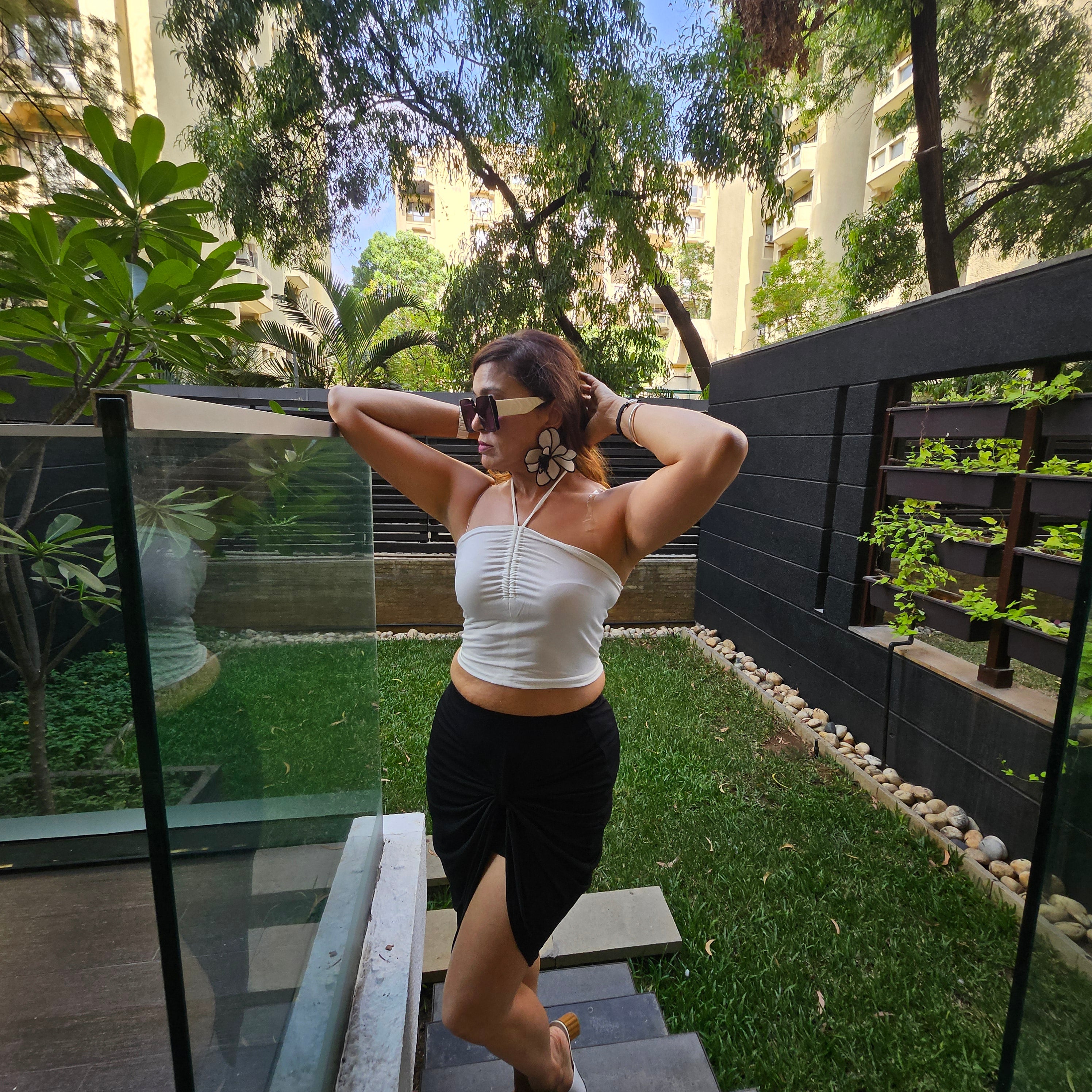 Egg White Crop Top + Black Front Knot Skirt Set