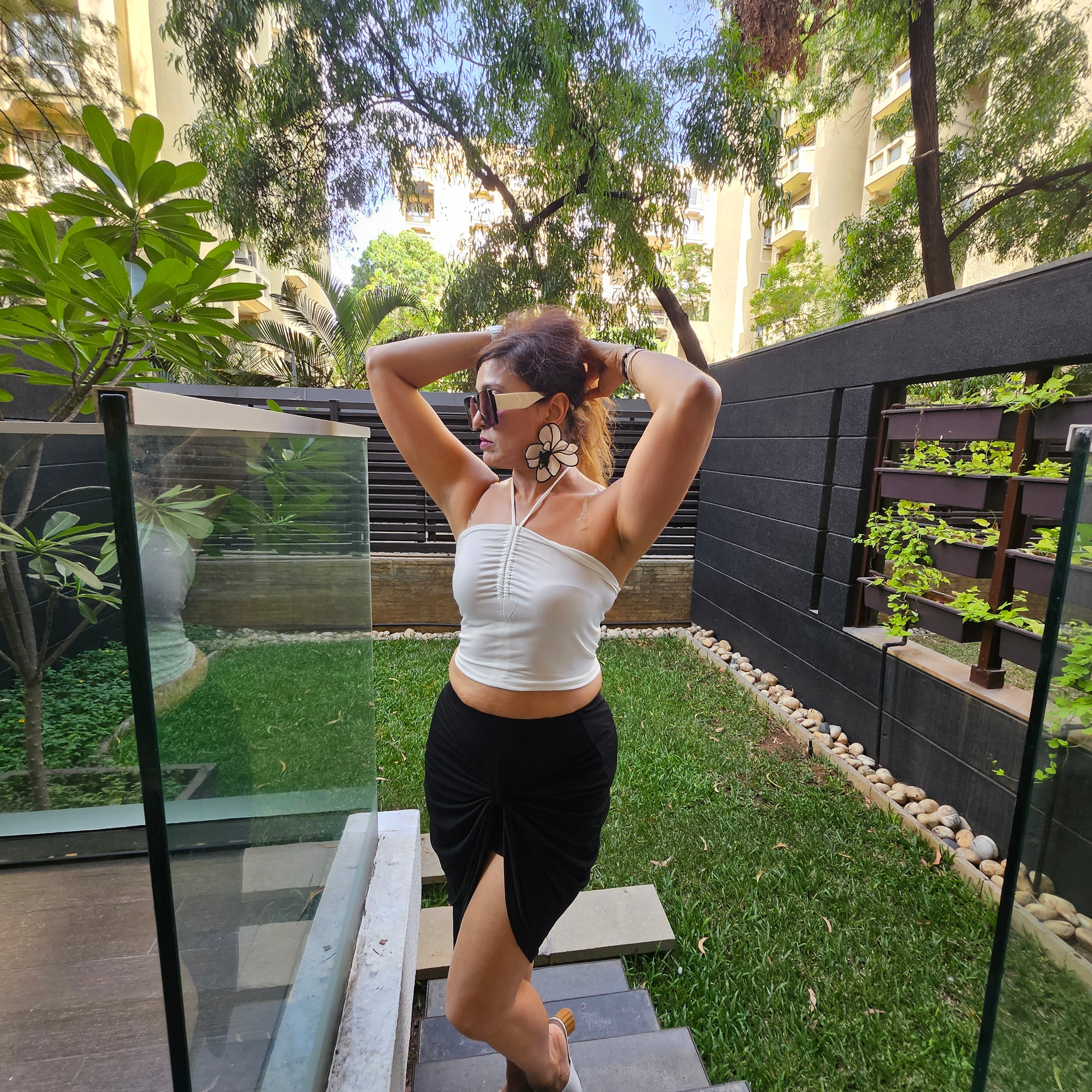 Egg White Crop Top + Black Front Knot Skirt Set