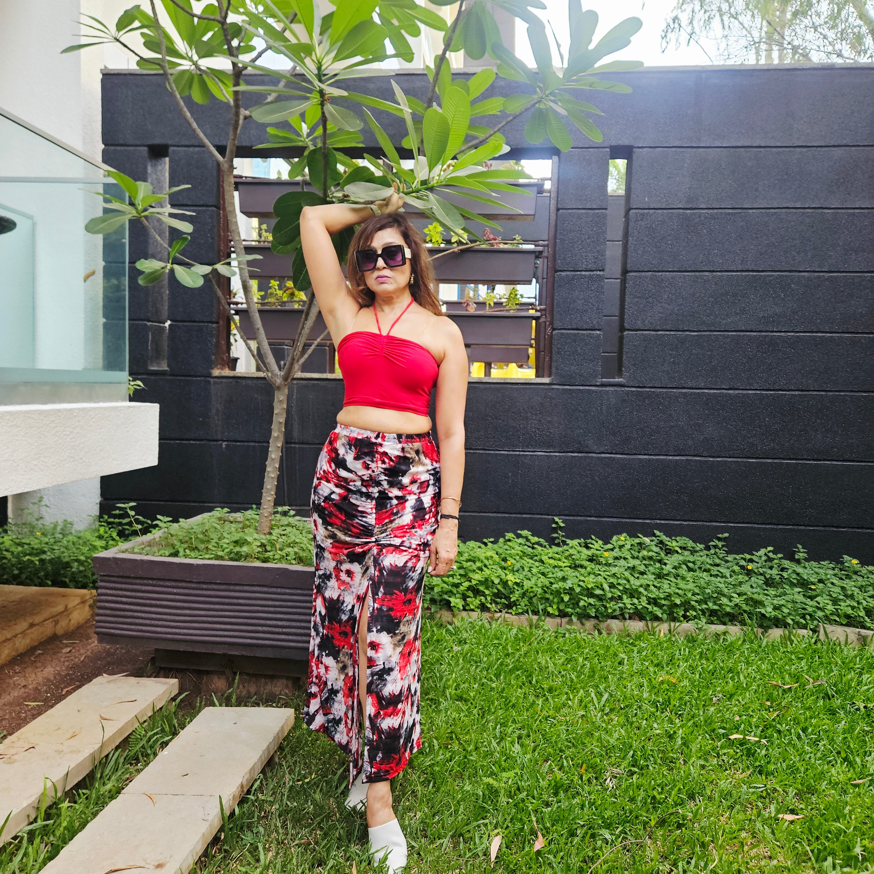 Black Red Blend Brushstroke Front Drawstring Skirt