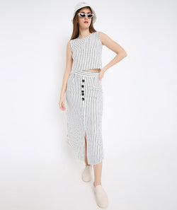 White Stripes Long Skirt with Buttons