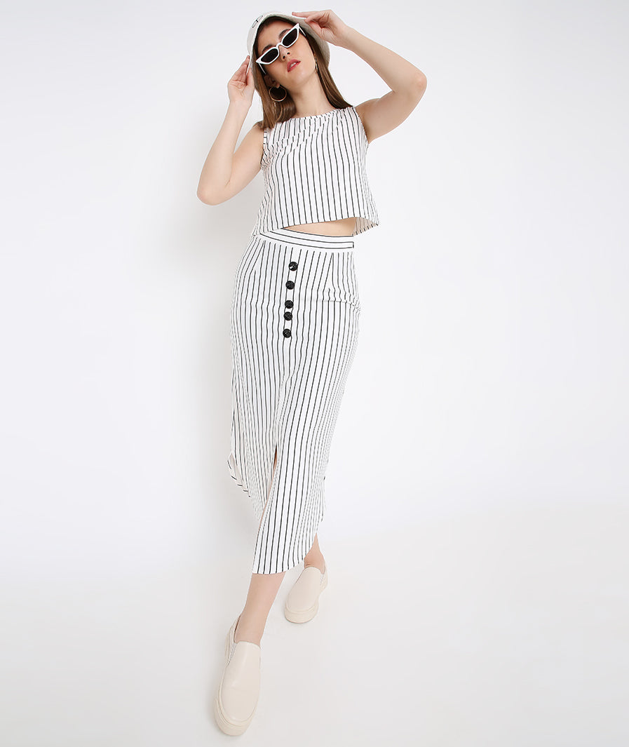 White Stripes Long Skirt with Buttons