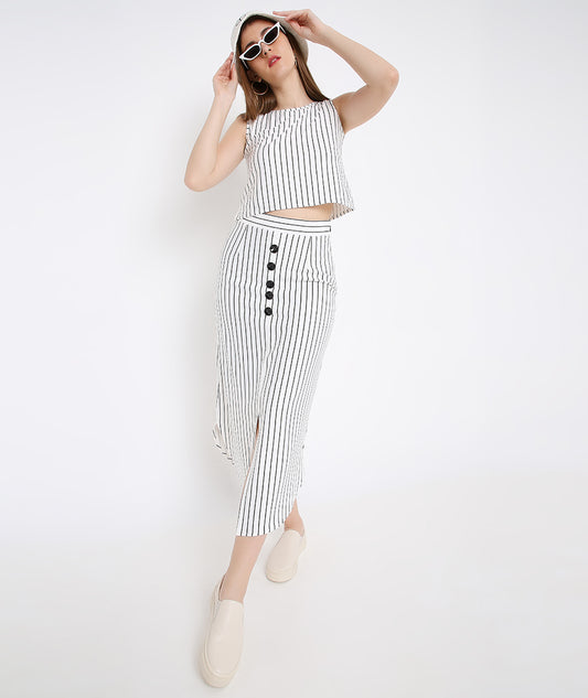 White Stripes Long Skirt with Buttons