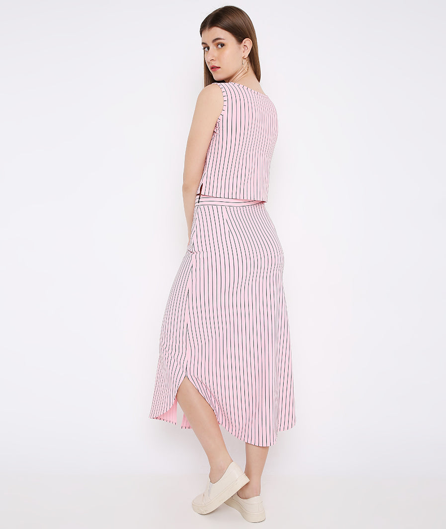 Pink Stripes Long Skirt with Buttons