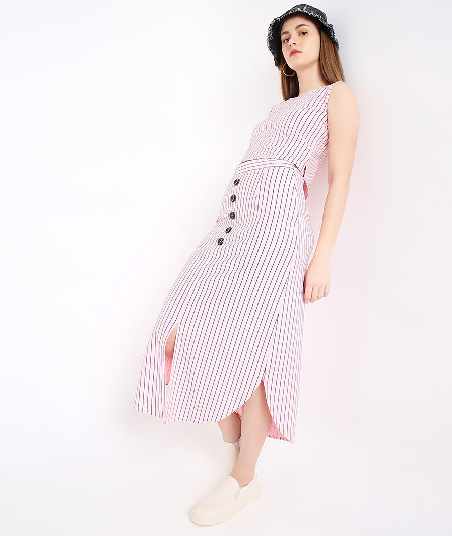 Pink Stripes Long Skirt with Buttons