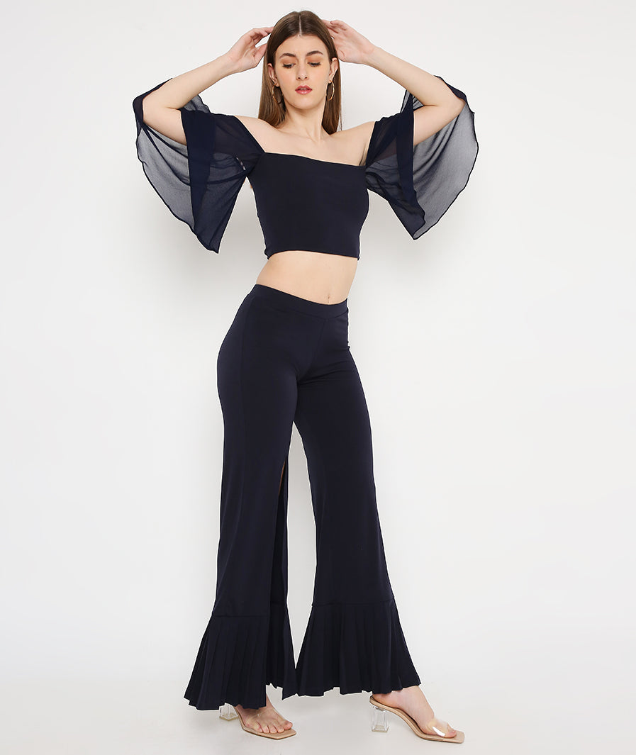 Navy Blue Bell Sleeve Top + Slit Pleated Trousers Set