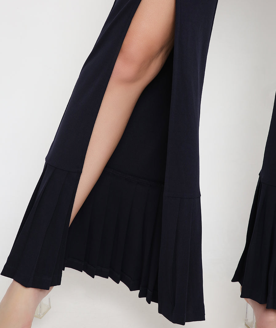 Navy Blue Slit Pants with Pleated Bottoms