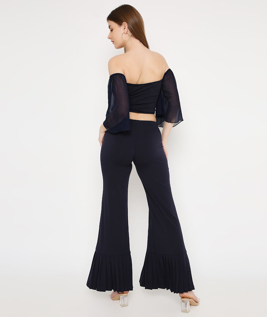 Navy Blue Bell Sleeve Top + Slit Pleated Trousers Set