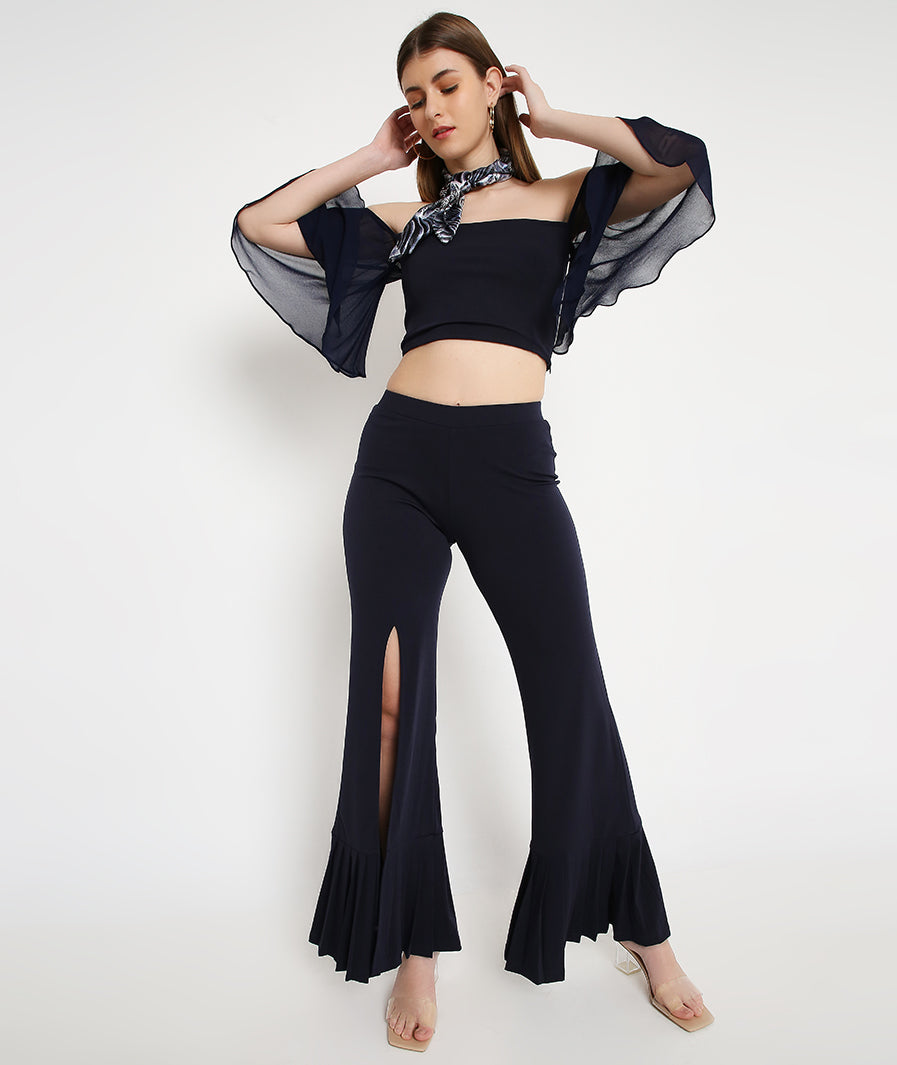 Navy Blue Bell Sleeve Top + Slit Pleated Trousers Set