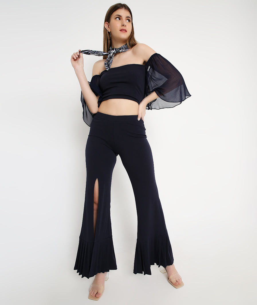 Navy Blue Slit Pants with Pleated Bottoms