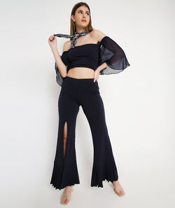 Navy Blue Bell Sleeve Top + Slit Pleated Trousers Set