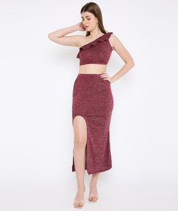 Red Shimmer High Slit Skirt