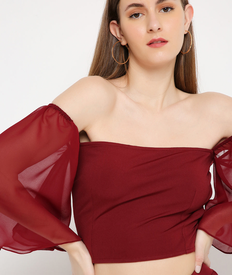 Red Georgette Sleeve Top + Wine Pleated Bottoms Set