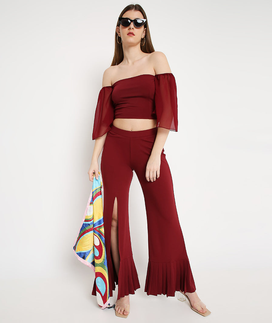 Wine Bell Sleeve Top + Slit Pleated Trousers Set