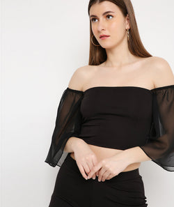 Black Long Bell Sleeve Crop Top