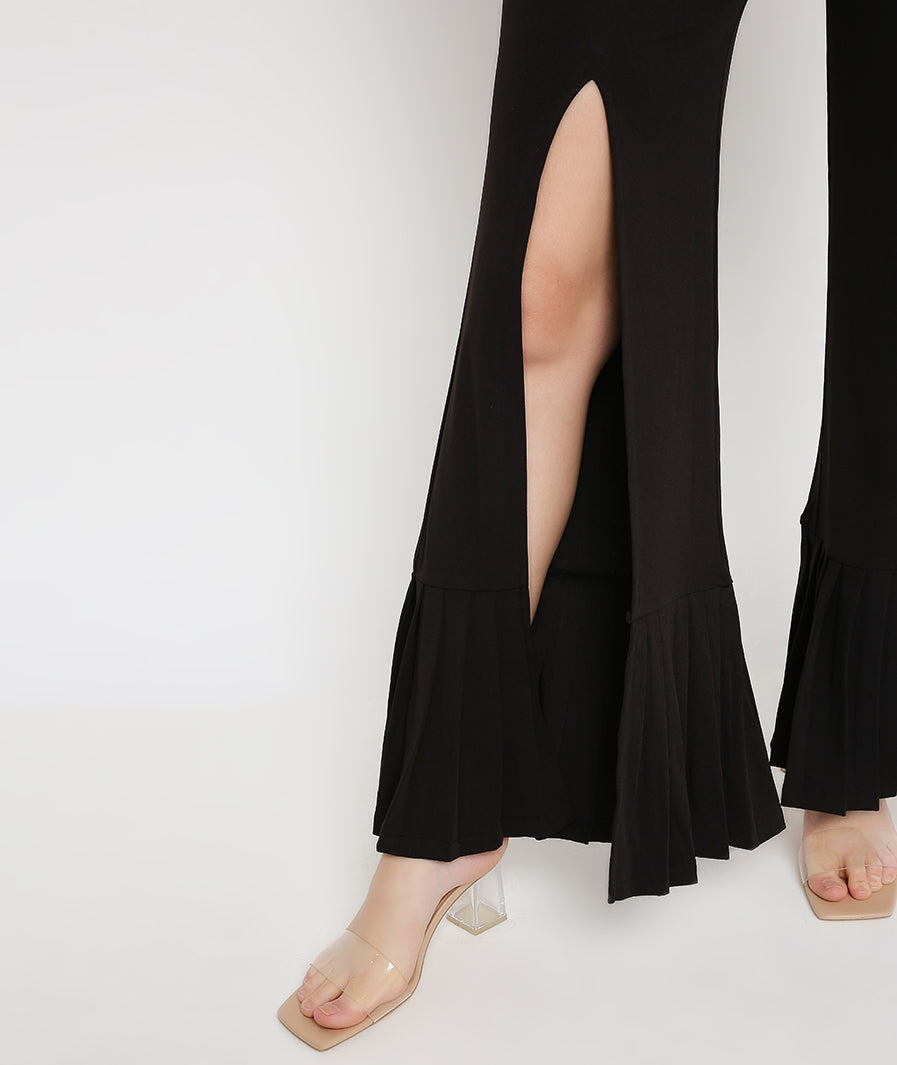 Black Slit Pants with Pleated Bottoms