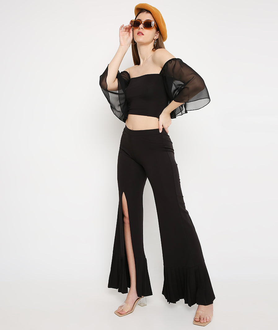 Black Slit Pants with Pleated Bottoms