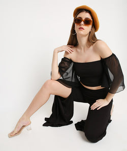 Black Slit Pants with Pleated Bottoms