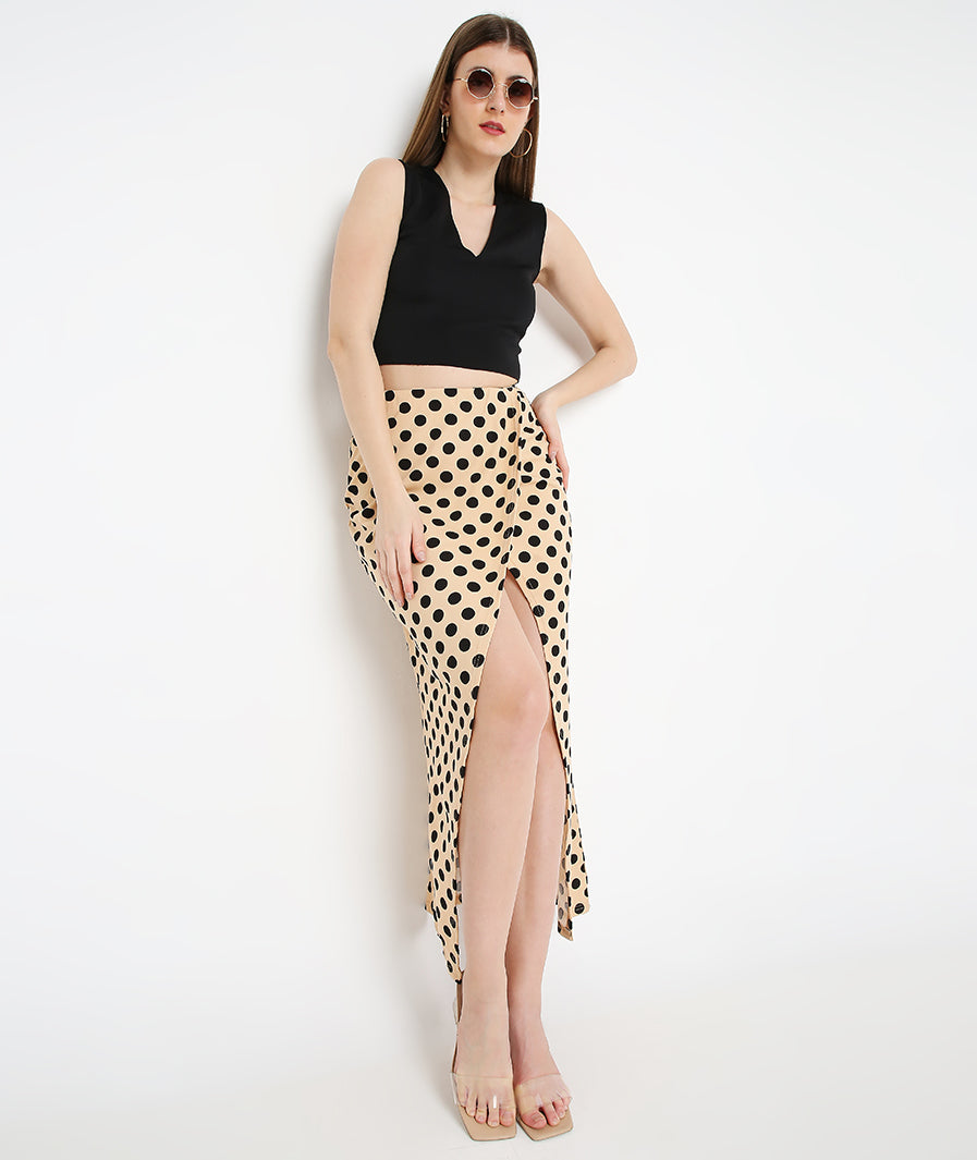 Cream Polka Long Tulip Skirt