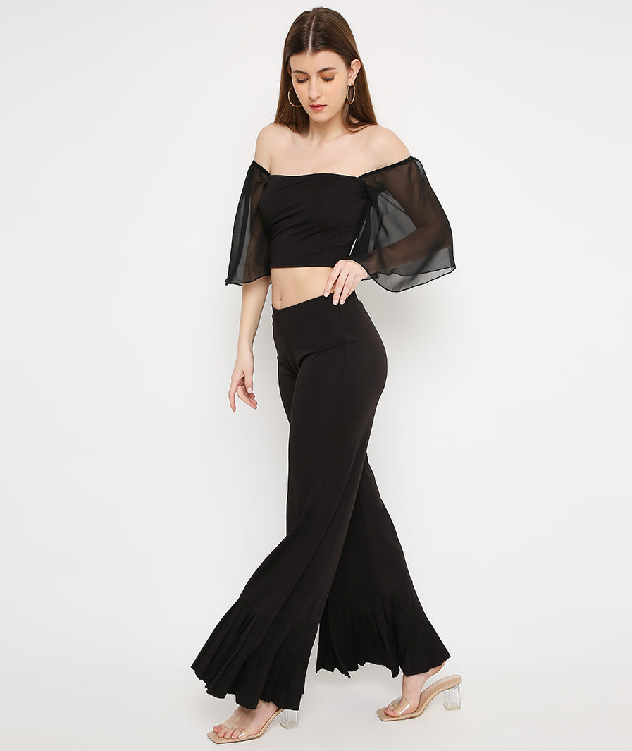 Black Long Bell Sleeve Crop Top & Slit Pants with Pleated Bottoms Set