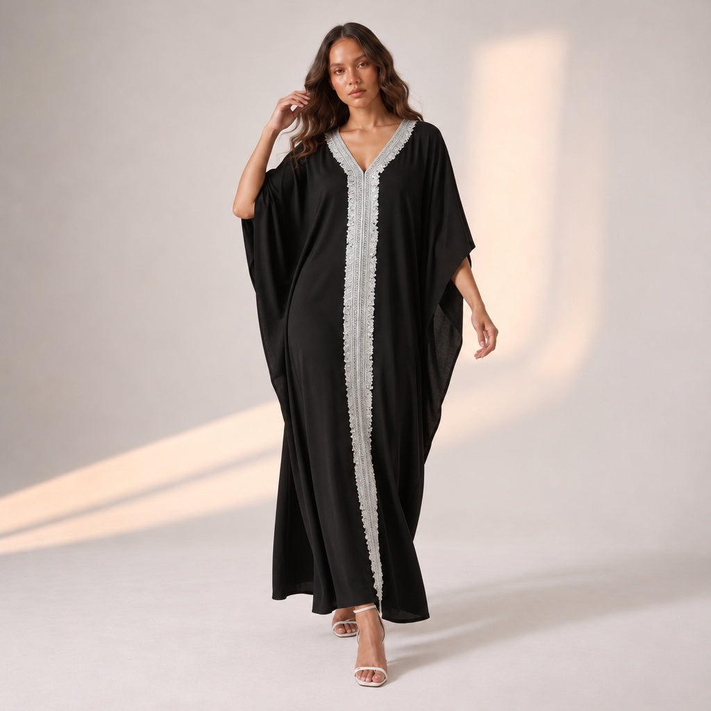 Black Full Length Evening Wear Kaftan with Glitter Lace Detail