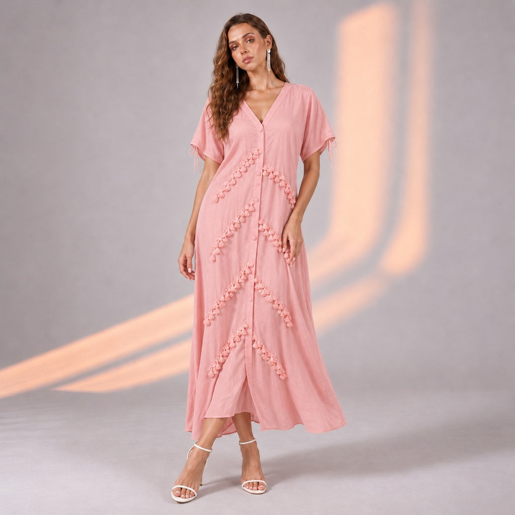 Blush in Bloom Pink Button-Down Shoulder Drawstring Dress with Lace Detail