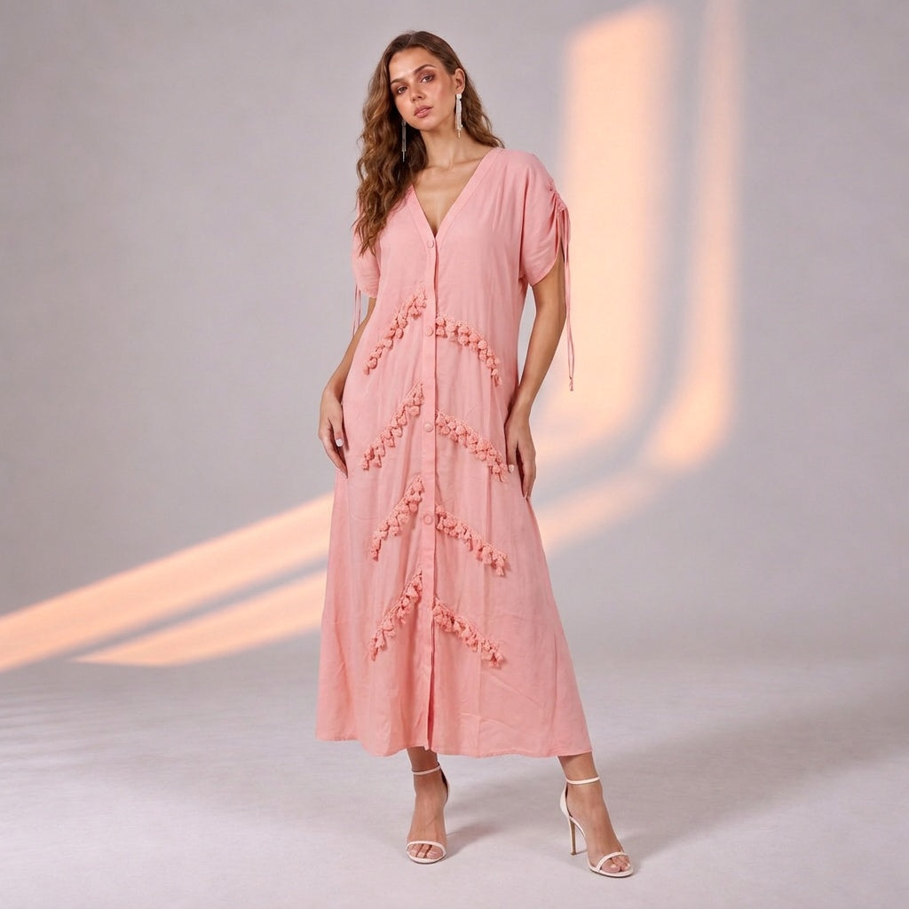 Blush in Bloom Pink Button-Down Shoulder Drawstring Dress with Lace Detail