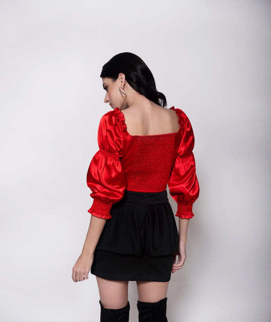 Red Satin Crop Top + Black Peplum Mini Skirt Set