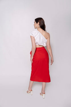 White Crop Top + Red Wraparound Style Skirt Set