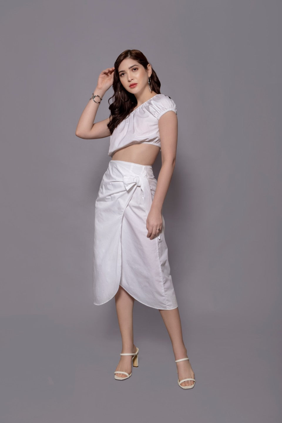 White Cotton Crop Top + Wraparound Style Skirt