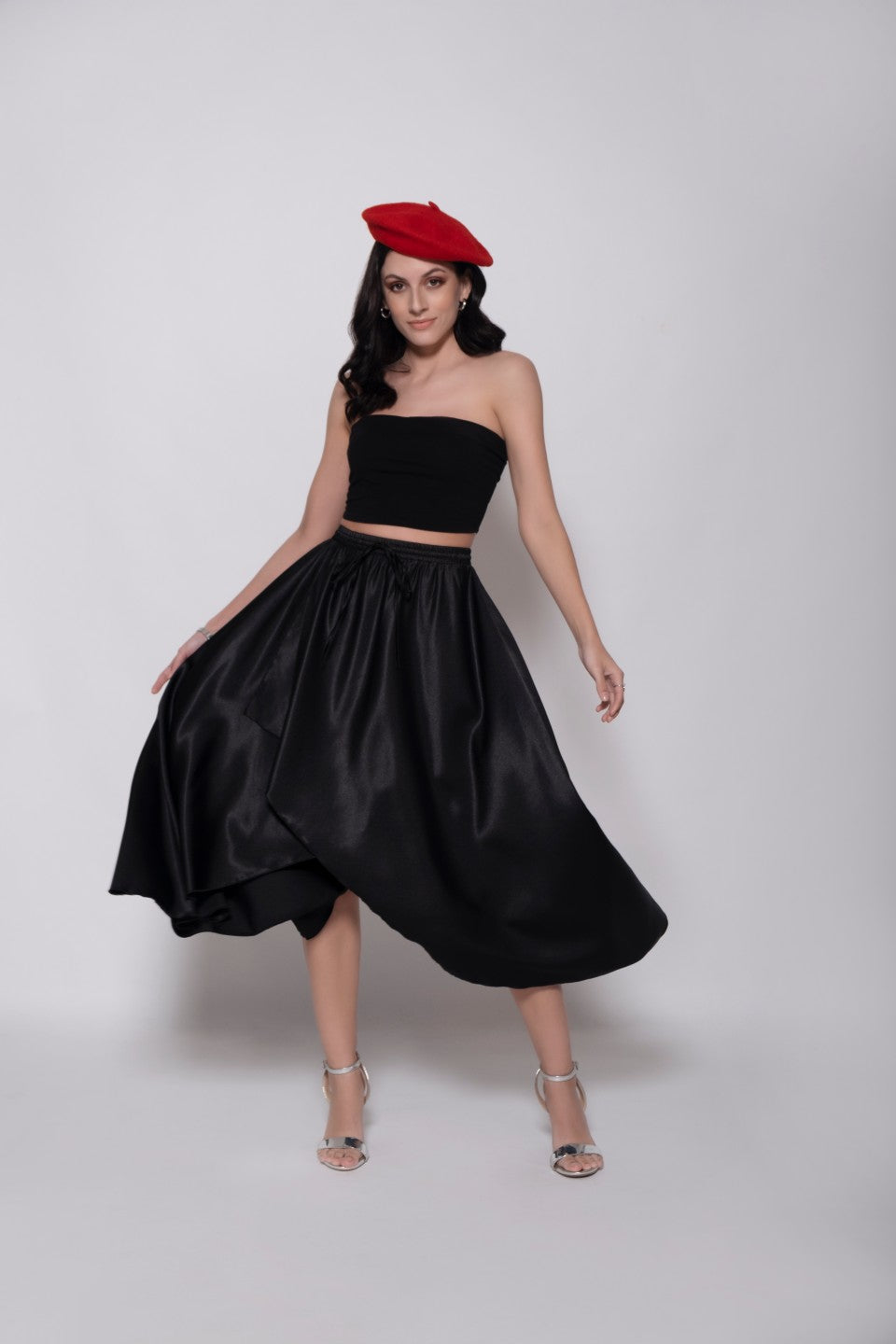 Black Satin Layered Midi Skirt