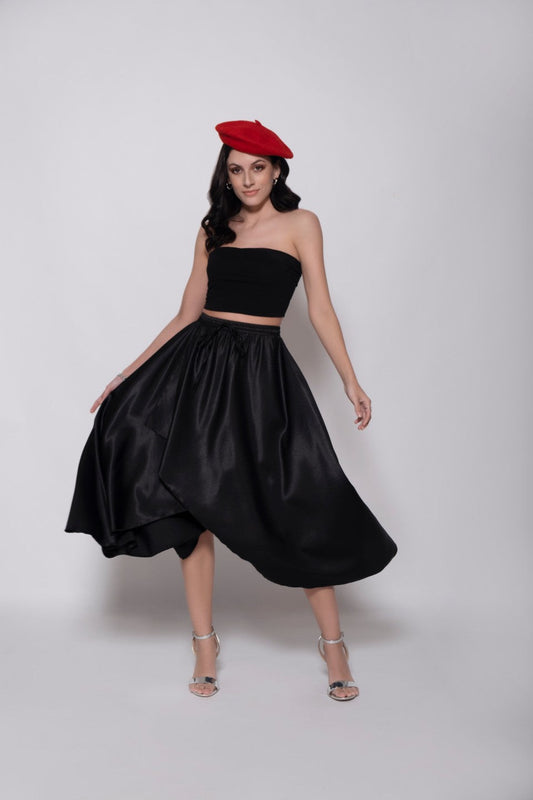 Black Satin Layered Midi Skirt