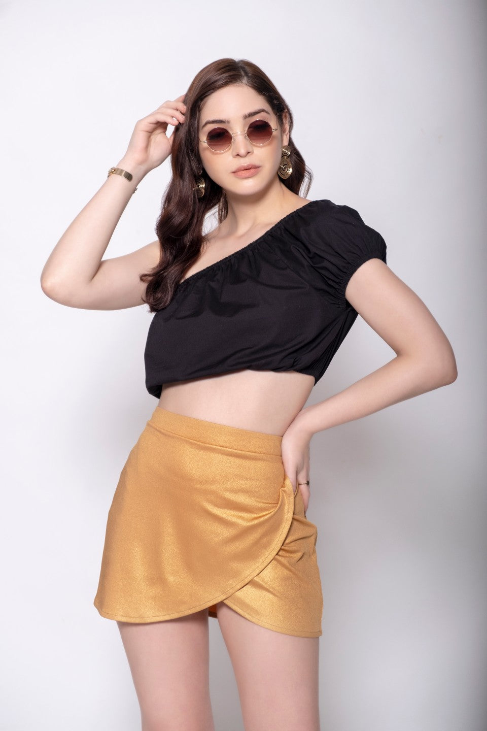 Black Crop Top + Gold Shimmer Tulip Mini Skirt