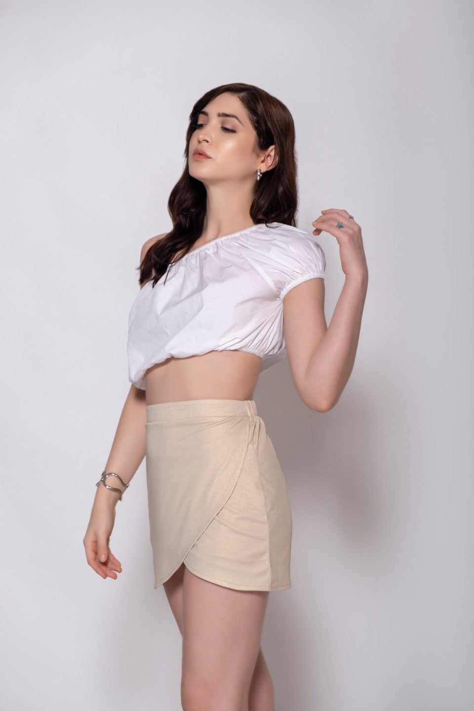 White Crop Top + Ivory Shimmer Tulip Mini Skirt Set