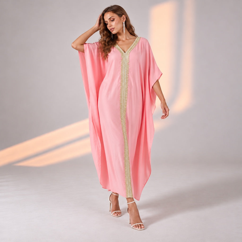 Pink Full Length Sundowner Wear Kaftan with Glitter Lace Detail