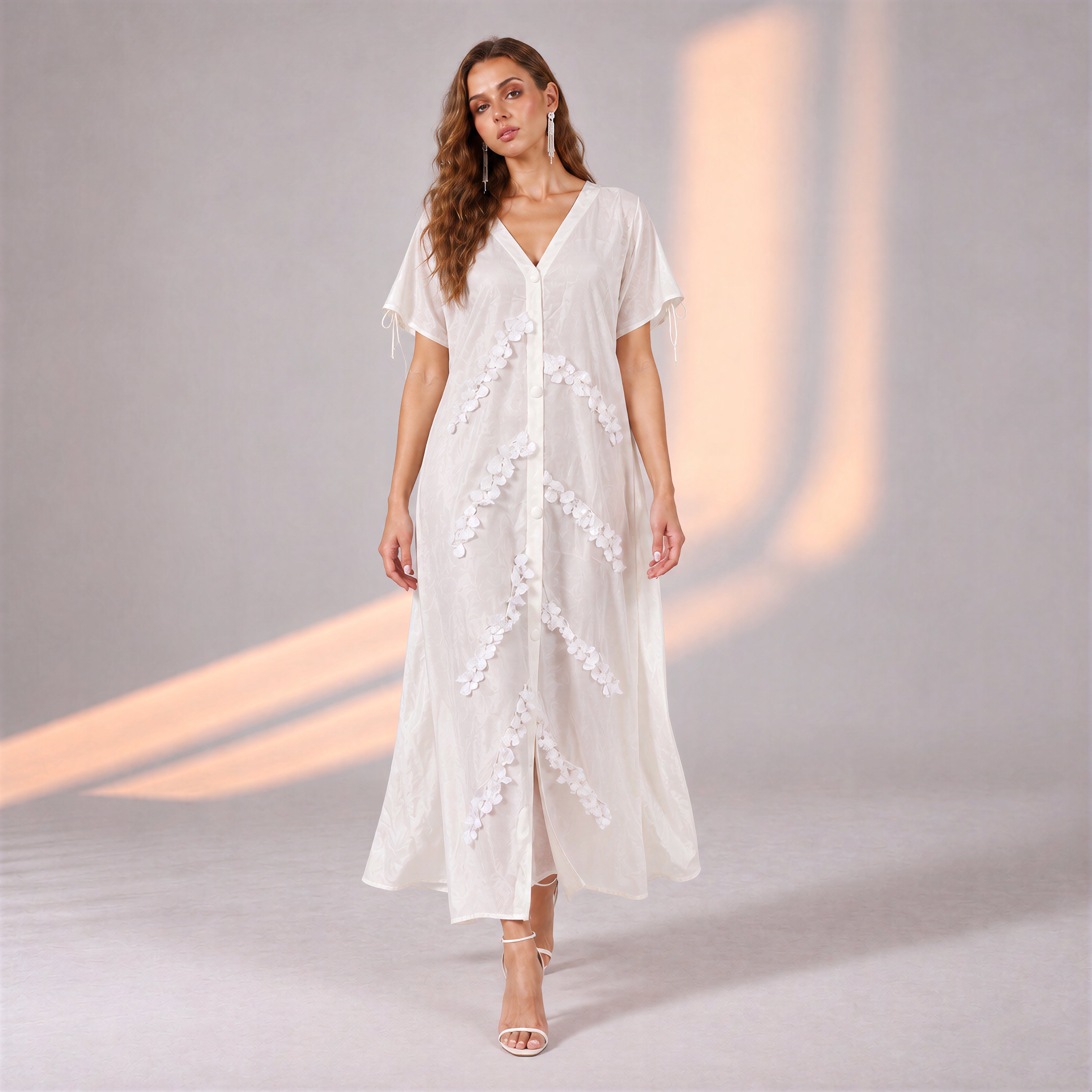 White Tree Button Down Shoulder Drawstring Dress with Branch Lace Detail