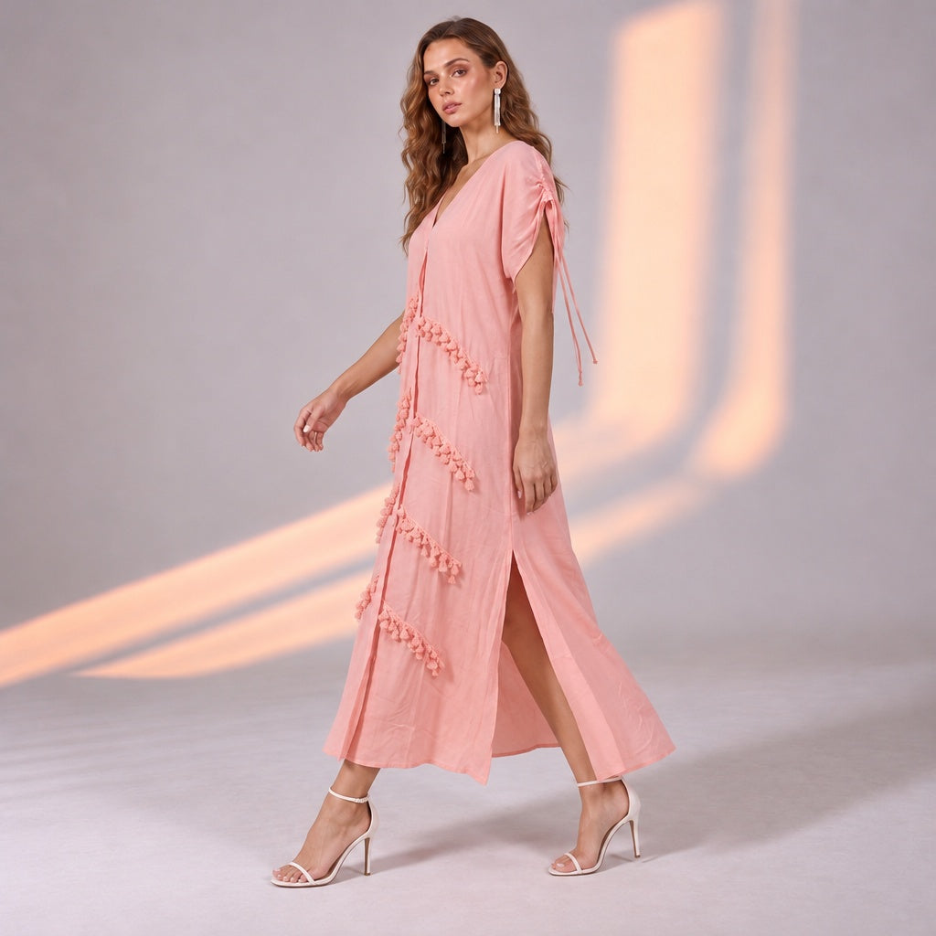 Blush in Bloom Pink Button-Down Shoulder Drawstring Dress with Lace Detail