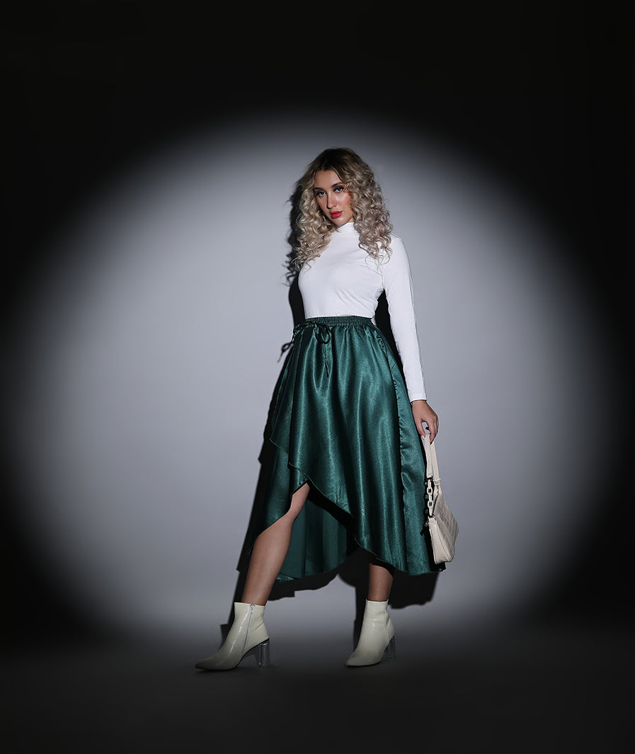 Green Satin Layered Midi Skirt