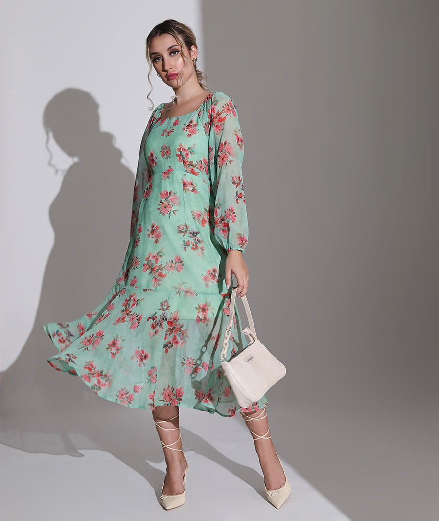 Green Chiffon Floral Dress