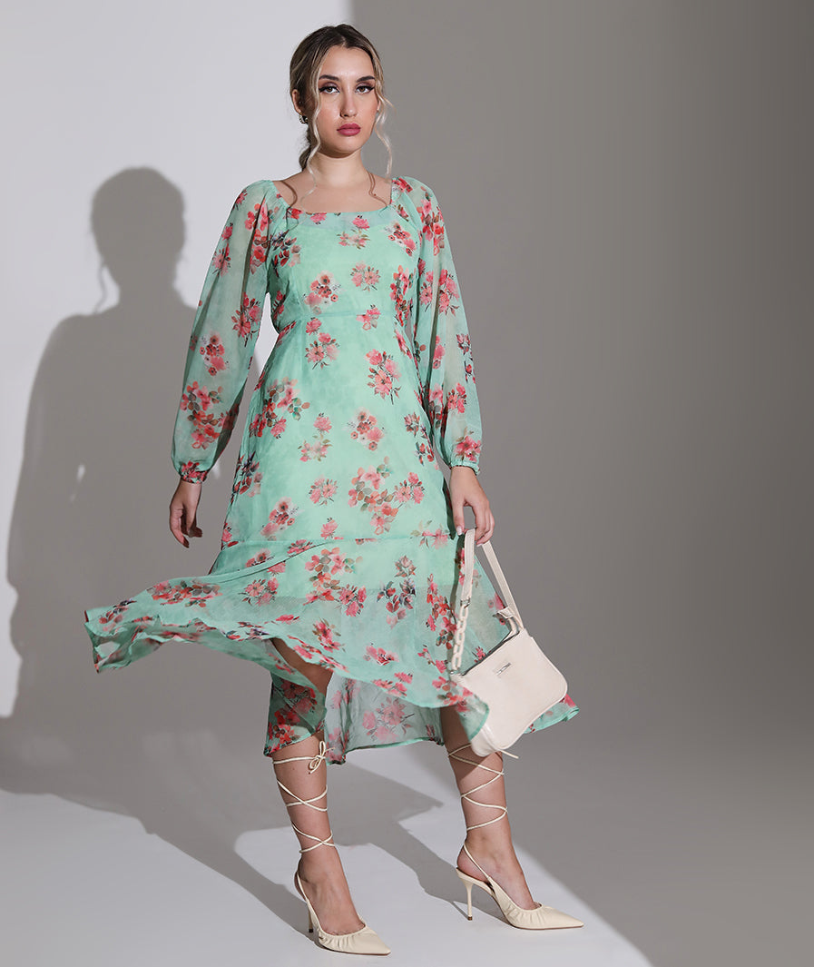 Green Chiffon Floral Dress